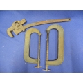 Lot of 2 C Clamps and Pipe Wrench Lot of 2 C Clamps and Pipe Wrench